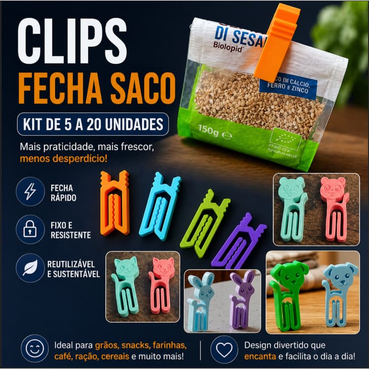 Clips Fecha Saco Kit 5 a 20  – Fecho Rápido para Embalagens (Reutilizável)