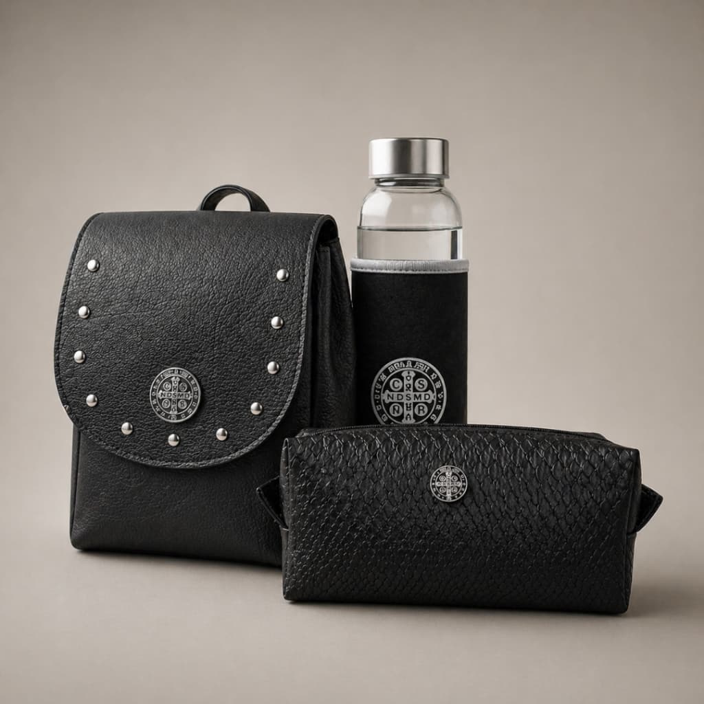Kit Premium São Bento - Mochila, Necessaire e Garrafa de Vidro - Proteção e Estilo