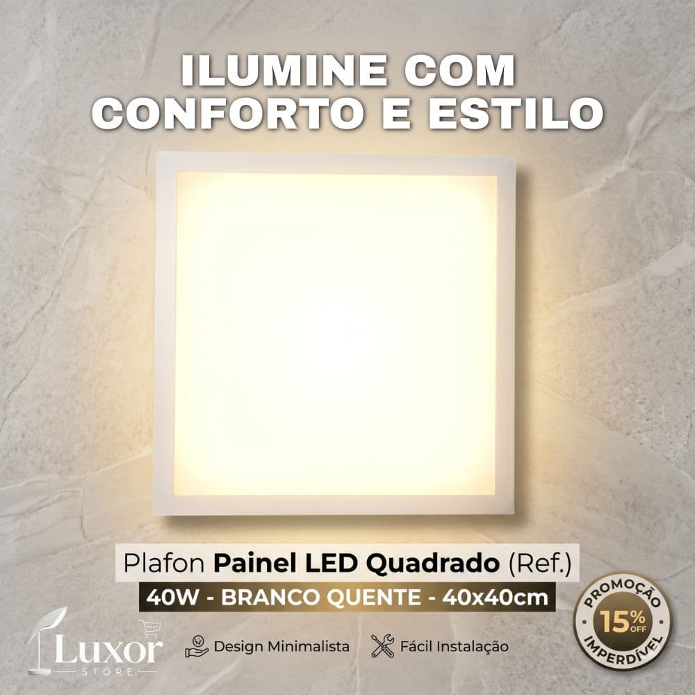 Plafon Painel LED Quarto Quadrado 40x40cm 40W Branco Quente