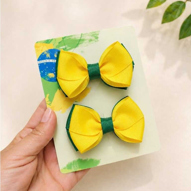 Laço Copa do Mundo Brasil Verde e Amarelo Par Infantil Menina Presilha Cabelo Parzinho Laço Par Laço Bico de Pato