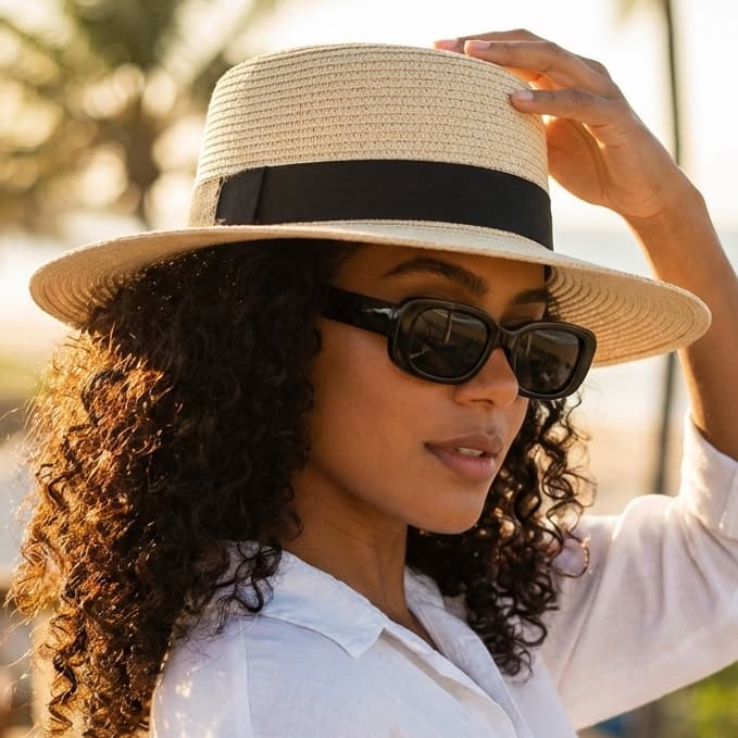 Kit Praia Chapéu De Palha Aba Média + Óculos Retrô UV400 Feminino Verão Estilo Elegante Completo