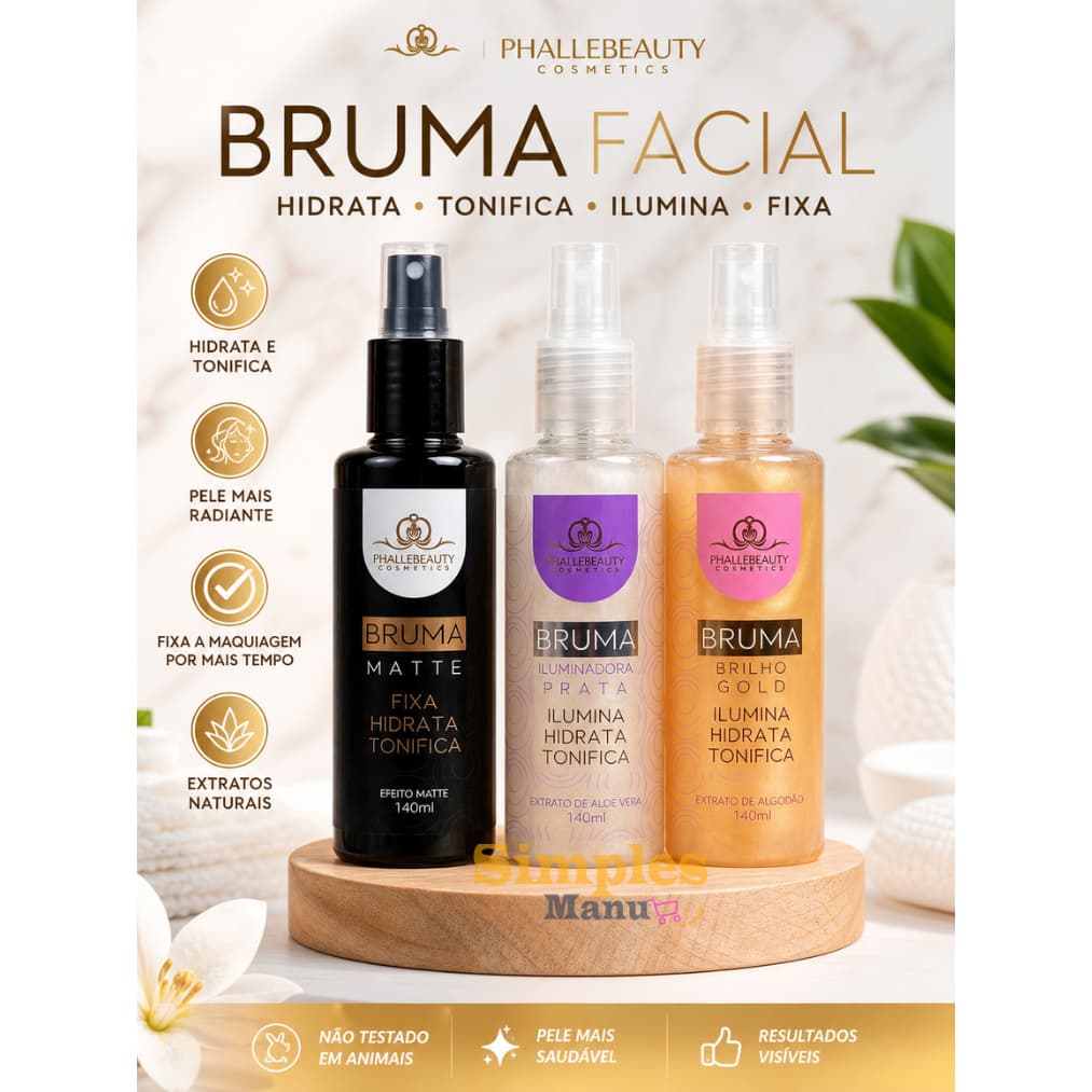 Bruma Fixadora Phallebeauty  Matte, Gold e Prata | Fixador de Maquiagem Profissional Glow Hidratante