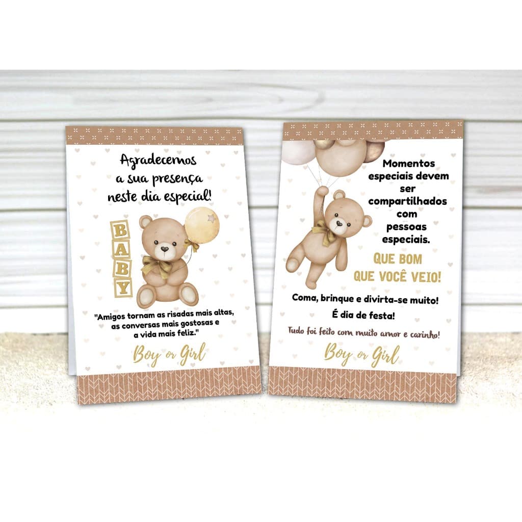 12 a 36 Plaquinha Centro de Mesa CHÁ REVELAÇÃO URSINHO NEUTRO Urso Bege Agradecimento Não é Personalizado