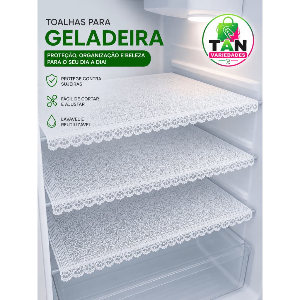 Kit Com 3 Toalhas de Geladeira PVC Renda Centro Bandeja Lavável 53x35cm