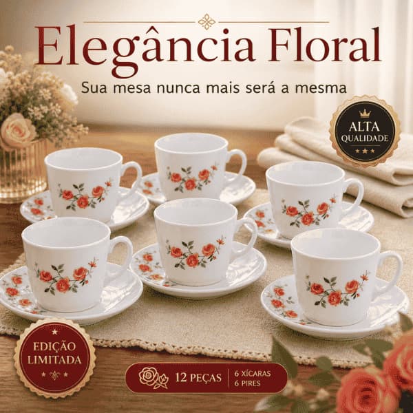 Conjunto de Xícara de Chá Red Rose com Pires 12 Peças Elegância Floral.