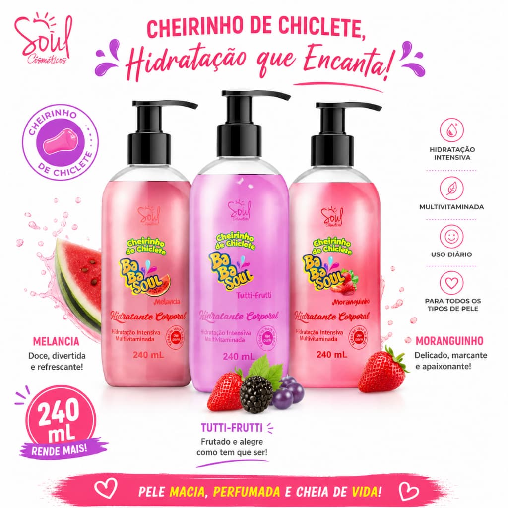 Kit Hidratante Corporal BABASOUL Cheirinho de Chiclete SOUL 240ml - LIVE ROSES, MELANCIA e MORANGO