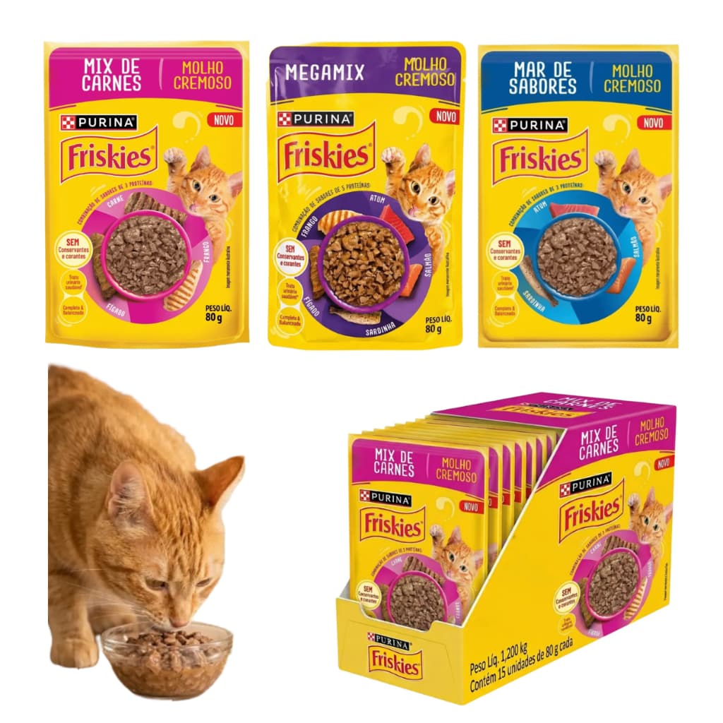 Kit 15 unid Sachê Friskies Alimento Úmido Gatos Mix Carnes Mar de Sabores Megamix Ração Umida