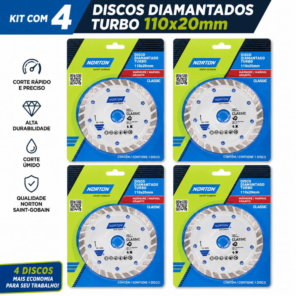 Kit Com 4 Discos de Corte Diamantado Turbo Norton 110x20mm Serra Mármore Para Mármore Granito