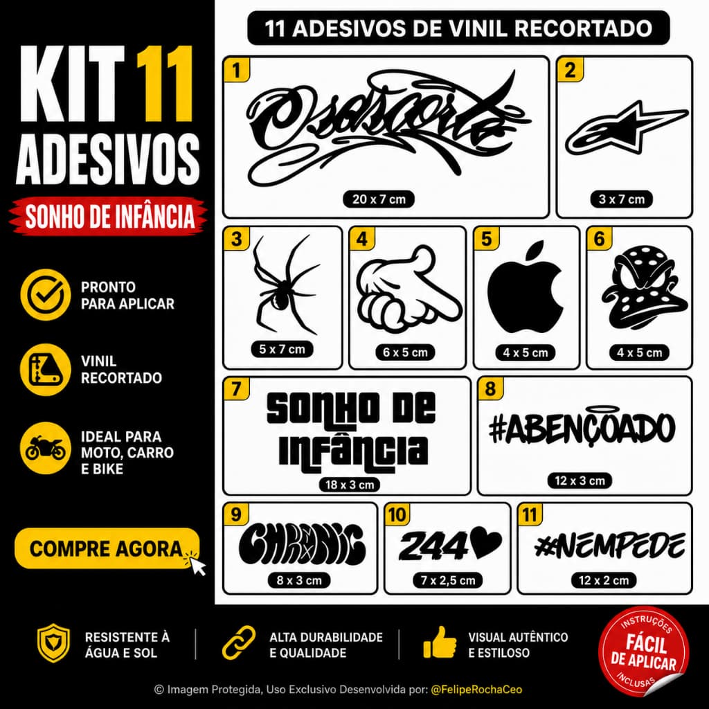 Kit 11 Adesivos Vinil Recortado Sonho de Infância Moto Carro Bike Preto ou Branco Fácil Aplicar 11un
