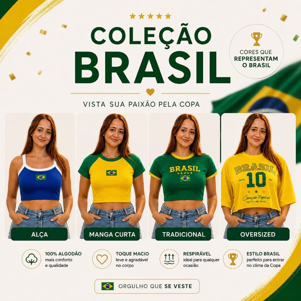 CROPPED E CAMISETA BRASIL FEMININA cropped canelado manga e alça e cropped algodão oversized