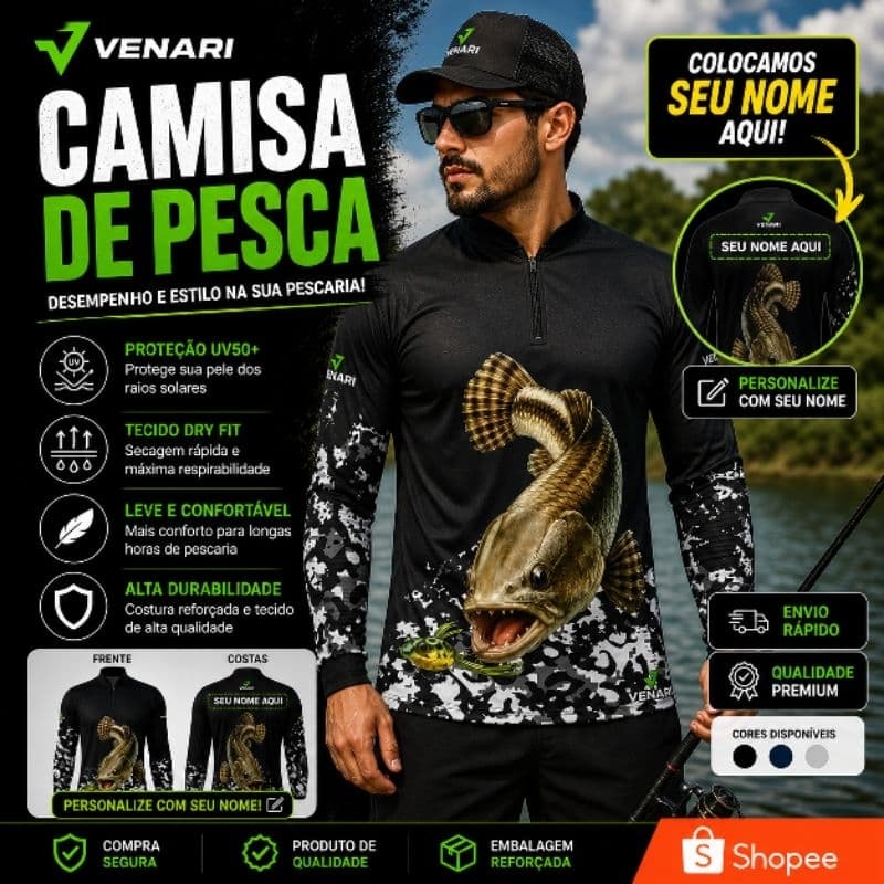 Camisa Pesca Peixe Traíra Camiseta Proteção Uv50 Pescaria Camiseta Manga longa pesca com seu nome impresso