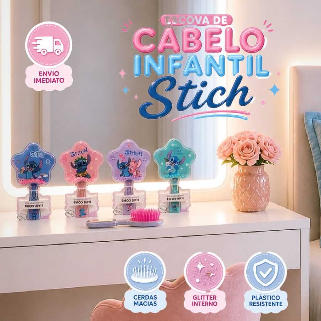 Escova de Cabelo Infantil Stitch com Glitter | Cerdas Macias Desembaraçante | Todos os Cabelos