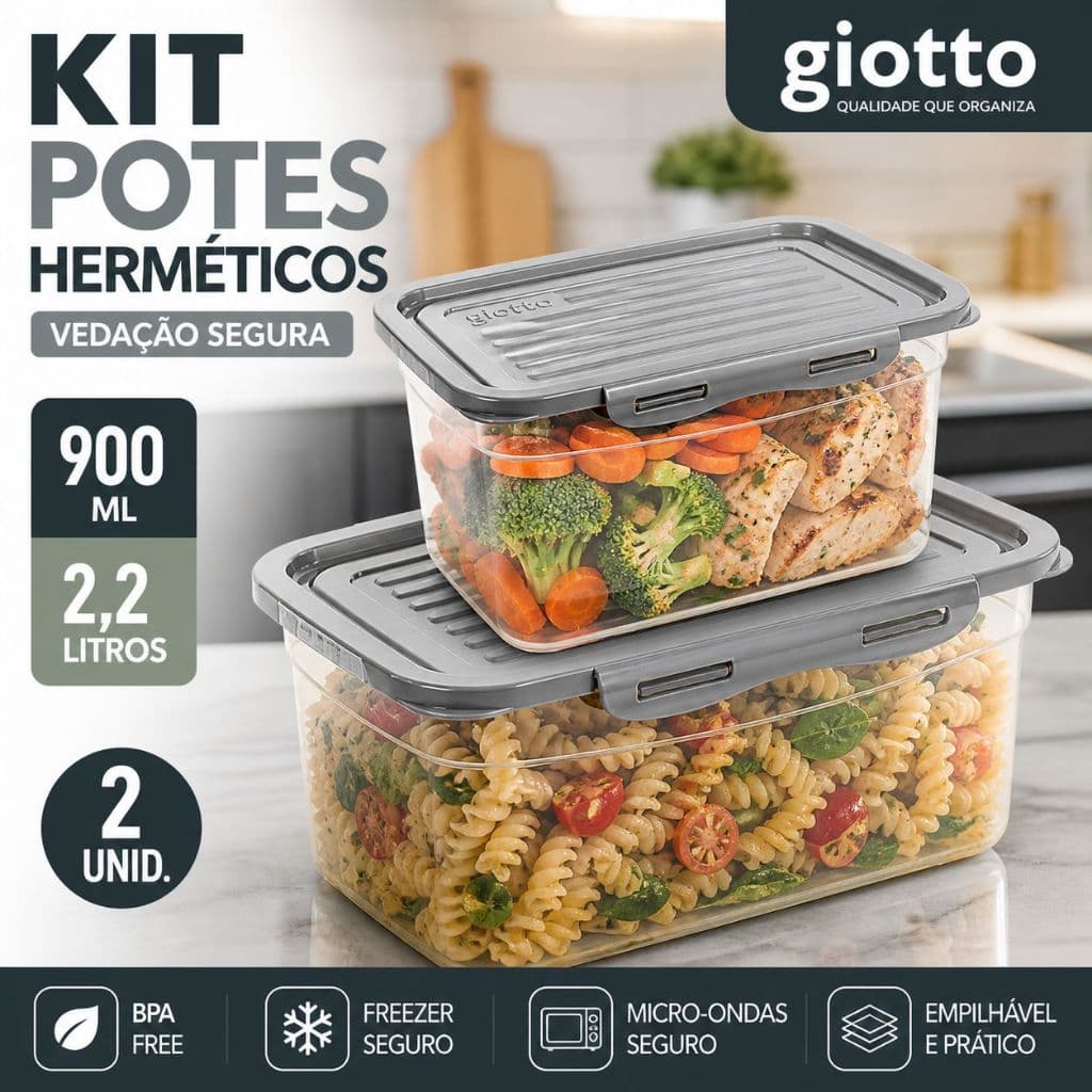 Kit 2 Potes Com Tampa e Trava 2,2L e 900ML Cinza Armazenamento de Alimentos Freezer Cozinha Giotto