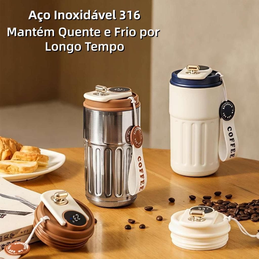 Garrafa Térmica Inteligente 450ml com Display de Temperatura – Aço Inox 316, Portátil para Café