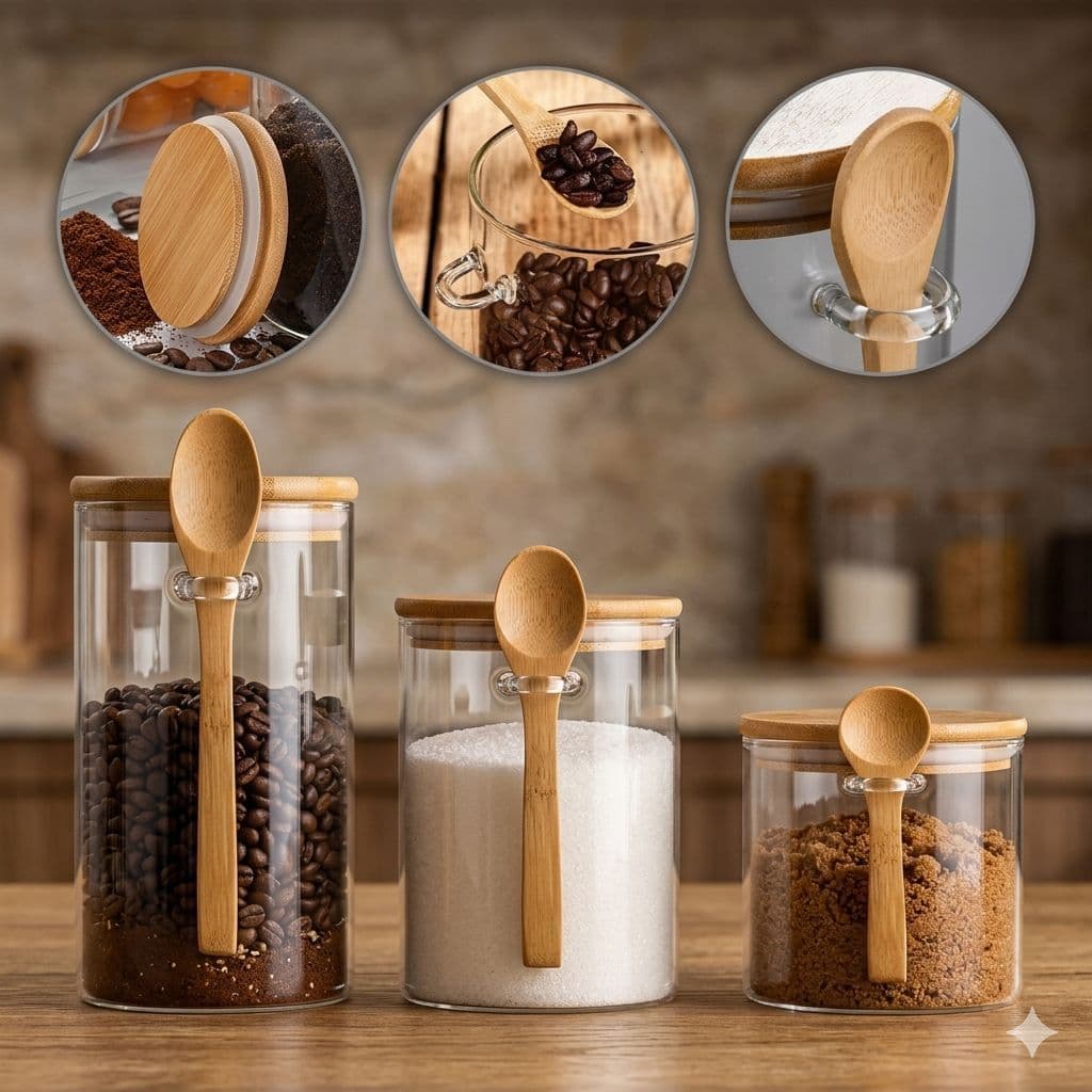 Pote de Vidro Hérmetico Tampa de Bambu Com Colher de Bambu