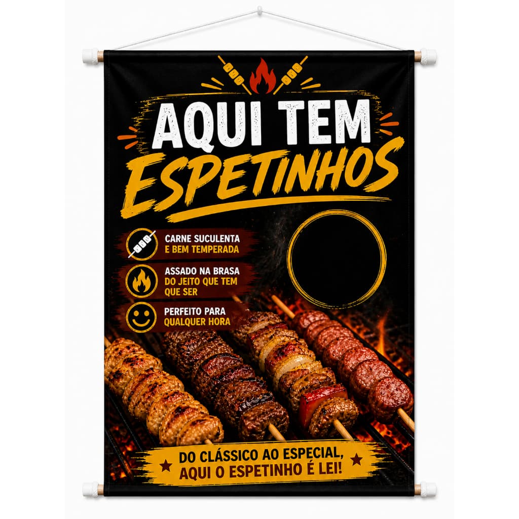 Banner Espetinho Carne e Linguiça para Barraca de Churrasco Personalizado e Completo.