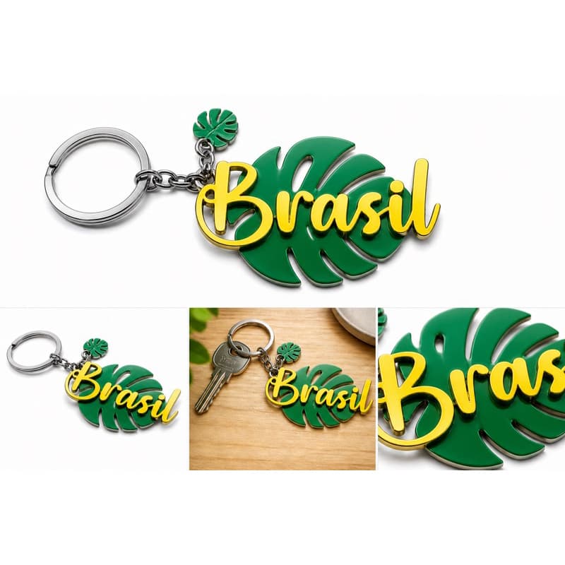 Chaveiro Brasil Verde e Amarelo 🇧🇷 | Folha Tropical | Para Bolsa, Mochila e Chaves | Presente Criativo