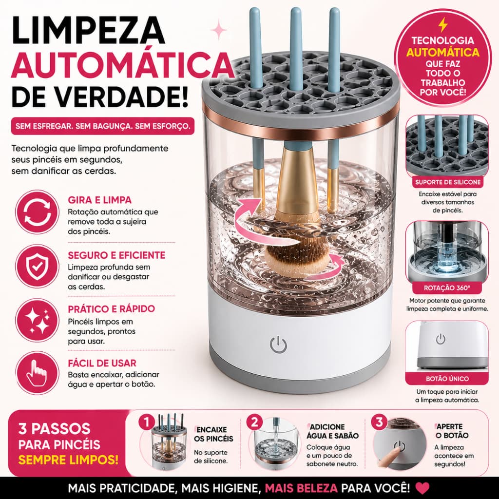 Lavador de Pincéis de Maquiagem Automático Elétrico USB – Limpeza Rápida e Profissional