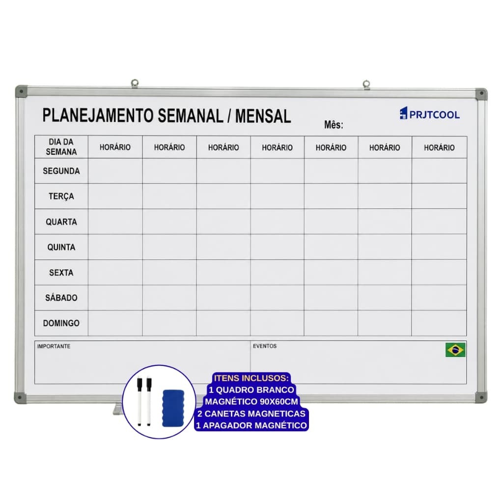 Lousa Quadro Branca Magnetica 90x60cm Planejamento Semana Mês Com Kit Apagador Canetas