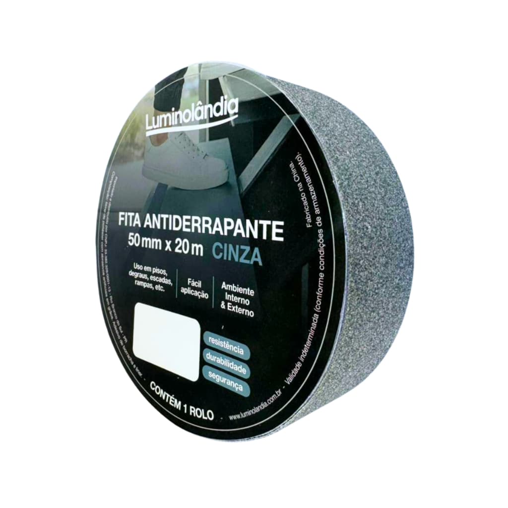Fita Adesiva Antiderrapante 20m 50mm Segurança Degrau Escada Rampa Piso Alto Tráfego Abrasiva Cinza