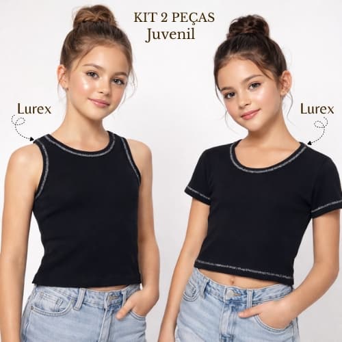 Kit 2 Peças Regata  Baby Look Cropped Detalhe Metalizado Lurex Juvenil  Feminino Premium Confortável