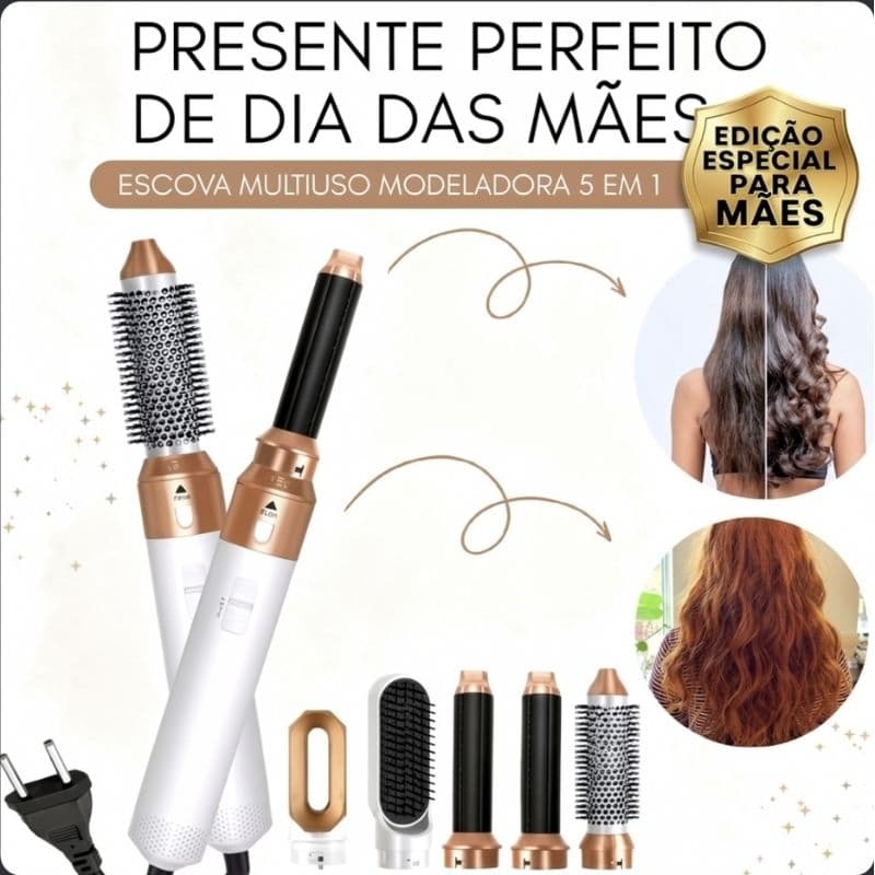 Escova 220V PREMIUM Branca c/ Dourada -  5 em 1 Multiuso - Seca, Modela, Alisa e Penteia