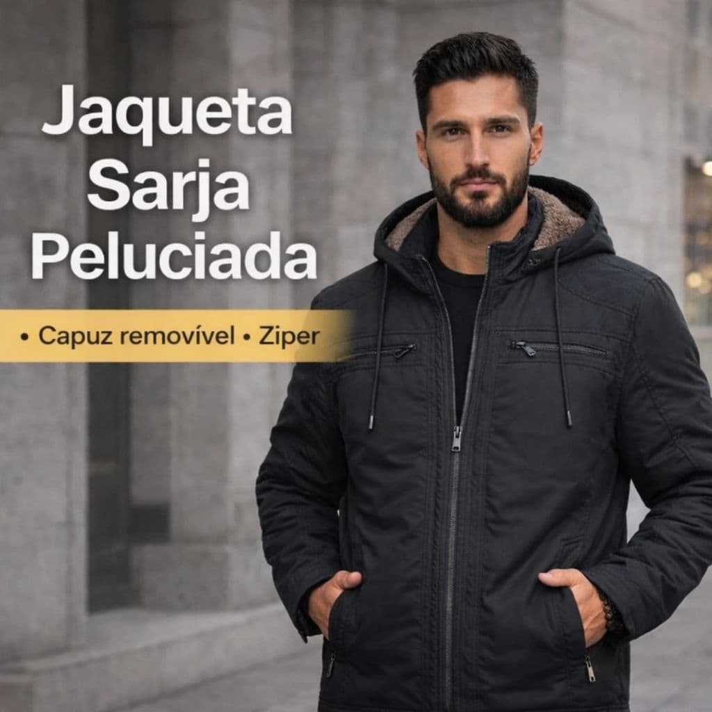 Jaqueta Masculina Sarja Forrada Peluciada Capuz Removível Luxo Frio Intenso