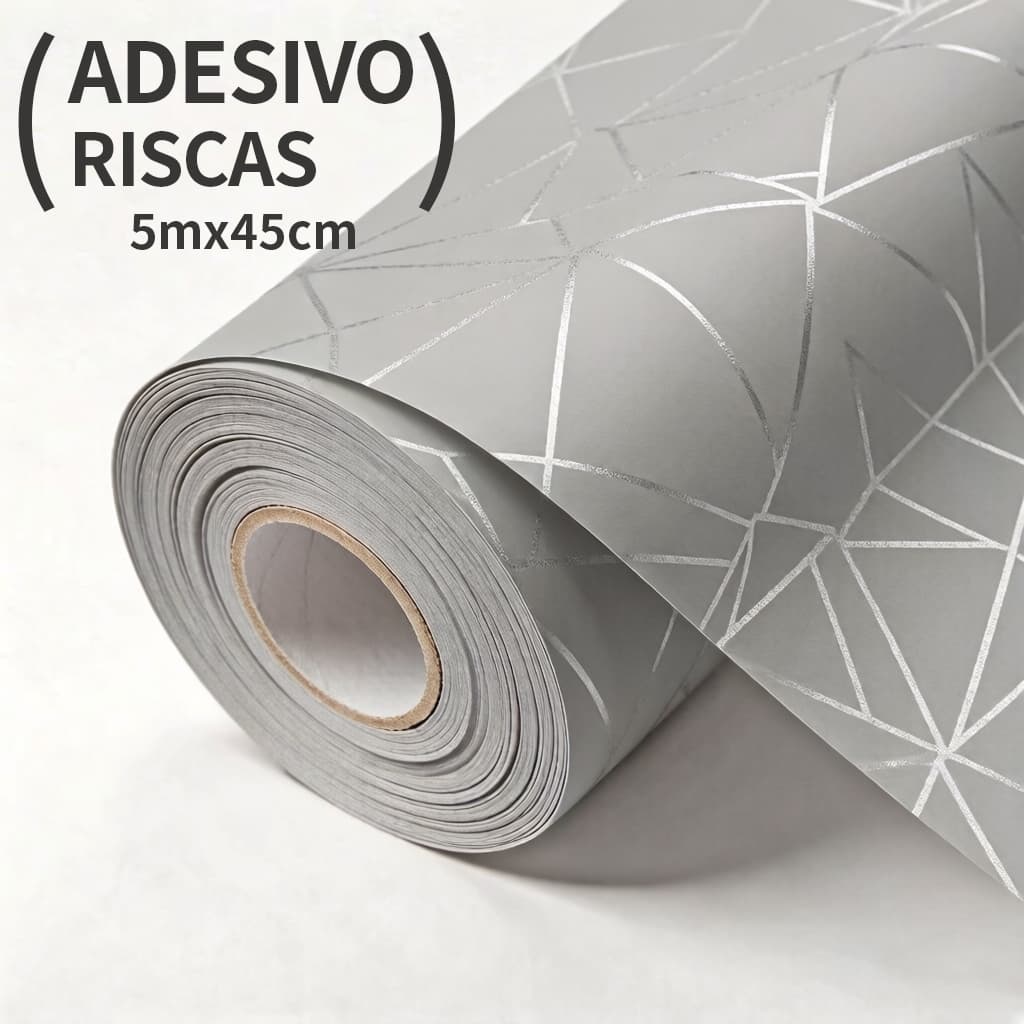 Papel De Parede Adesivo Geométrico Linhas Branca Com Fundo Cinza Decoração Lavável Sala Quarto 5Metros X 45cm