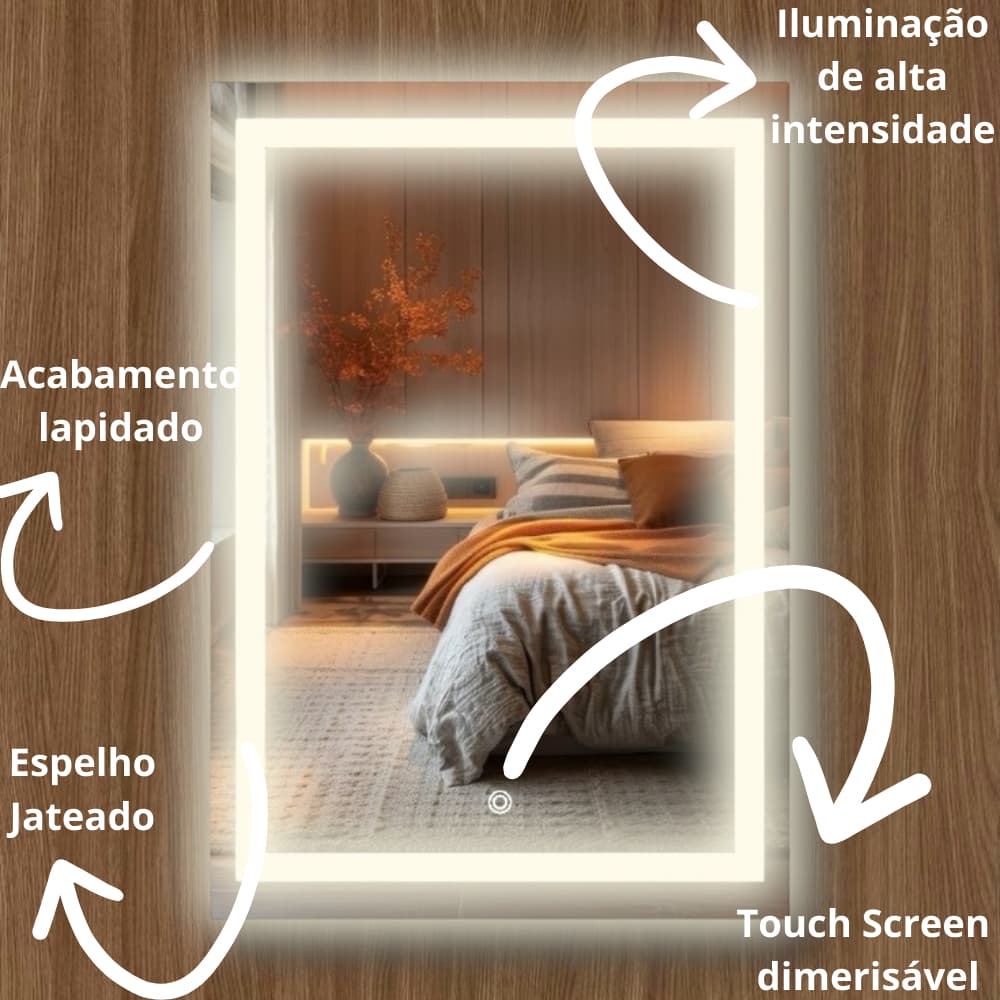 Espelho Retangular 70x100 Jateado Grande com LED 3 Cores  Com Botão Touch Bivolt Banheiro Lavabo