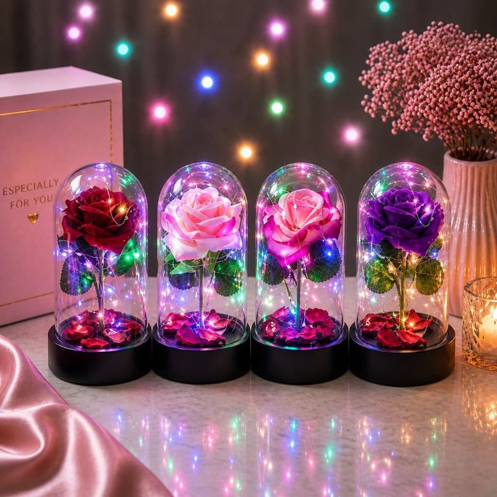 Flor Rosa Encantada Artificial na Cúpula Transparente com LED - Presente Criativo e Decorativo