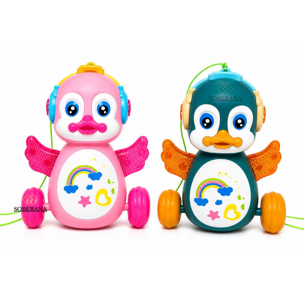Patinho Brinquedo Musical Fujão Divertido Com Luzes Som e Cordinha Para Amarrar Infantil