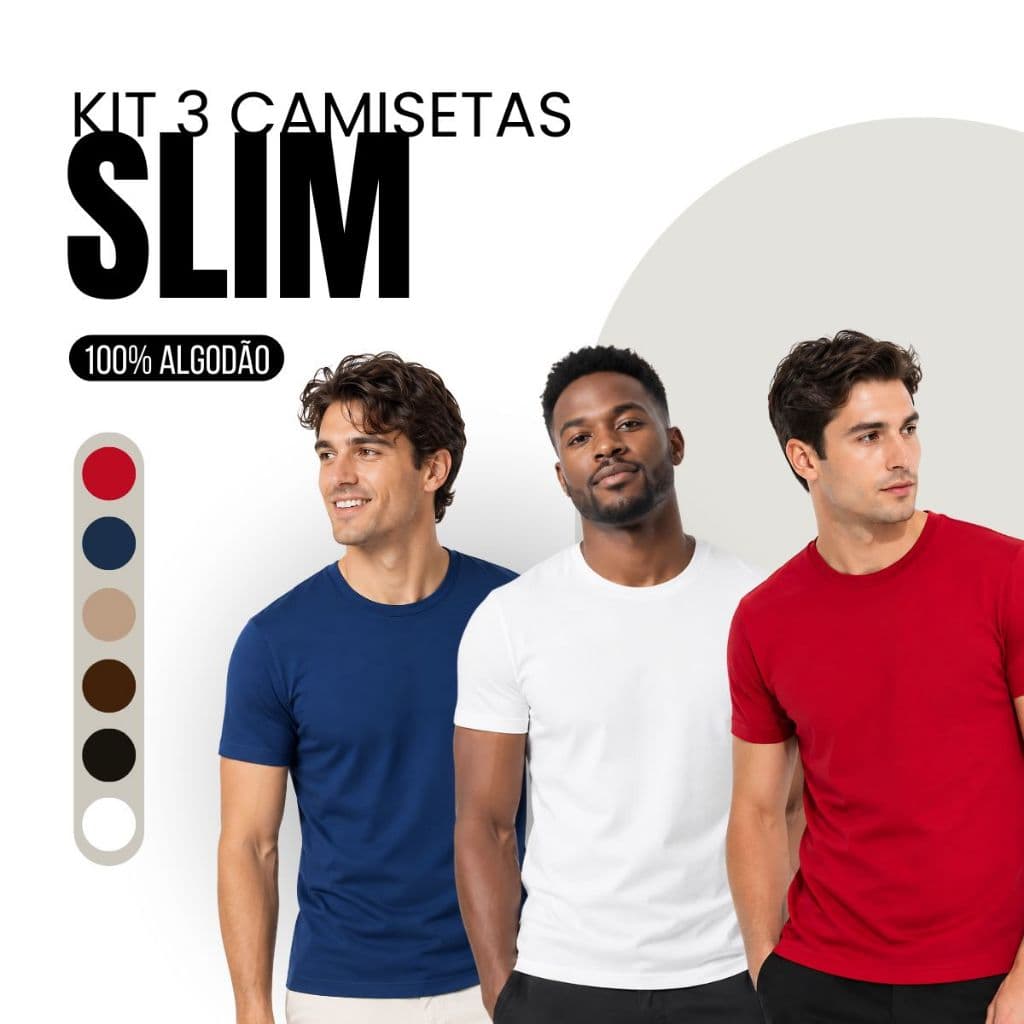 Kit 3 Camiseta Básica Masculina Premium Slim Cotton Algodão Malha Peruana com Elastano Lisa Casual