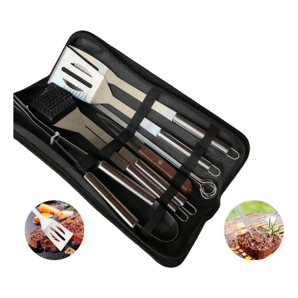 Kit Inox 9 Peças Churrasco Estojo Compacto E Resistente