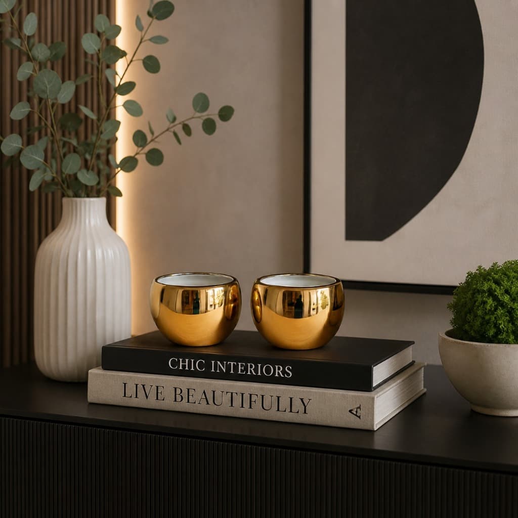 Kit 2 Vasinhos Dourados Redondos Plástico Decoração Mesa Sala Luxo Decore Já