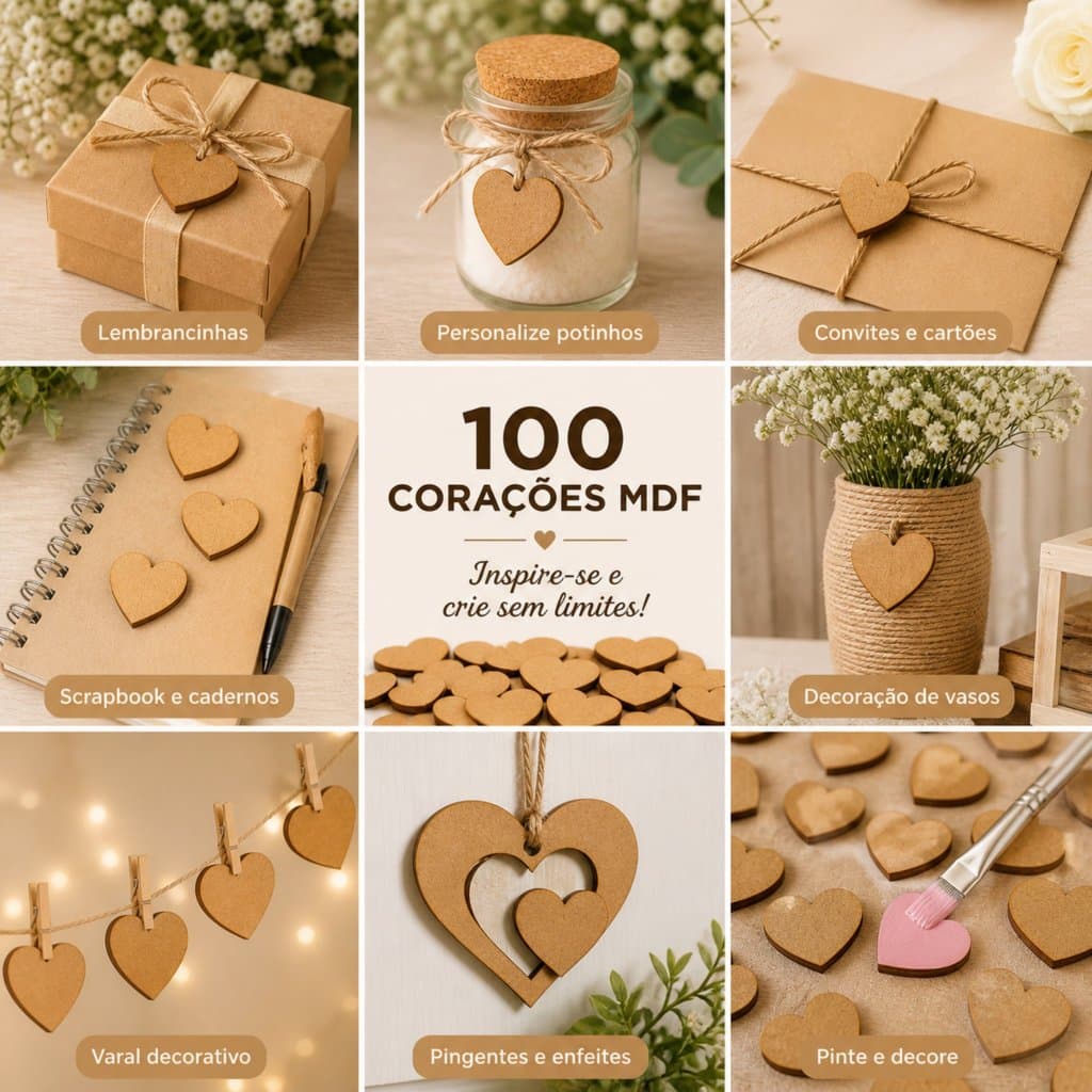 Kit 100 Corações MDF Pequenos 2cm Decoração Artesanato DIY