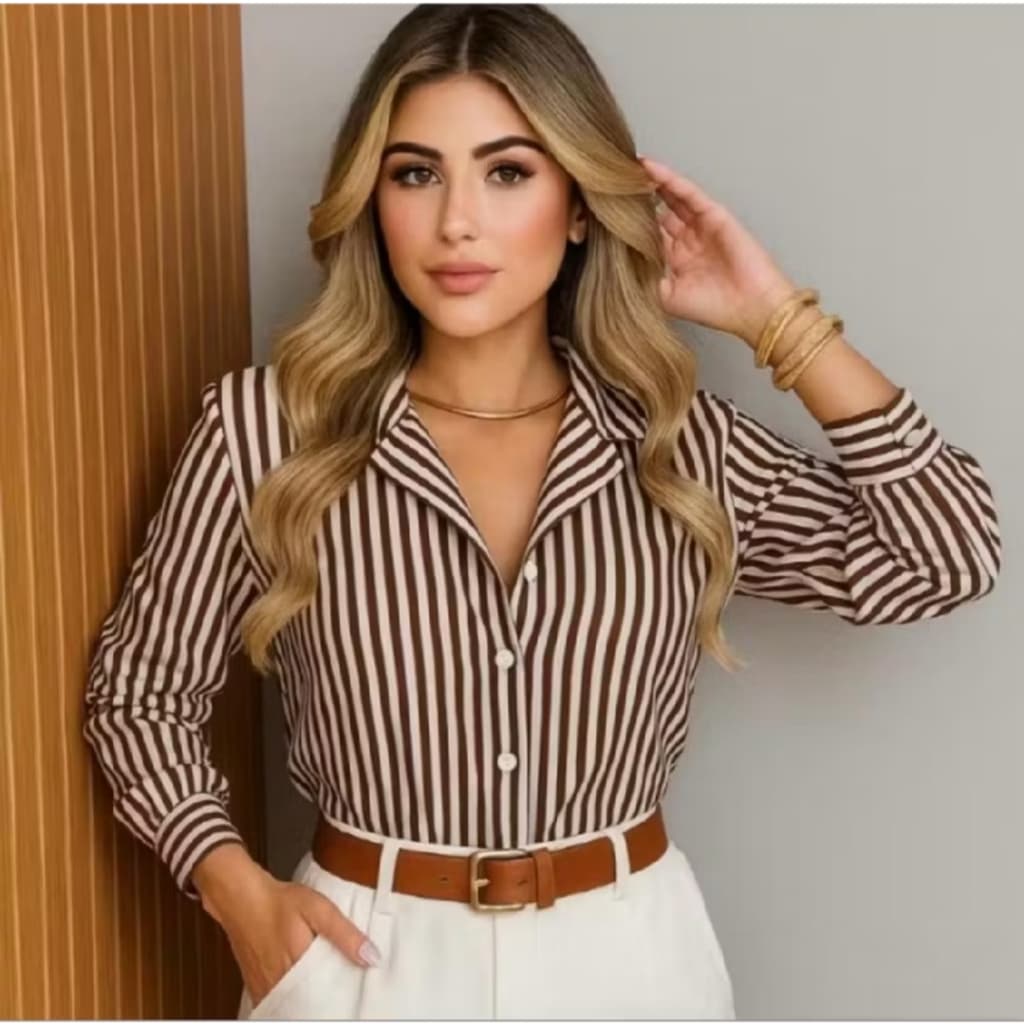 Camisa Social Feminina Listrada Manga Longa – Elegância e Conforto