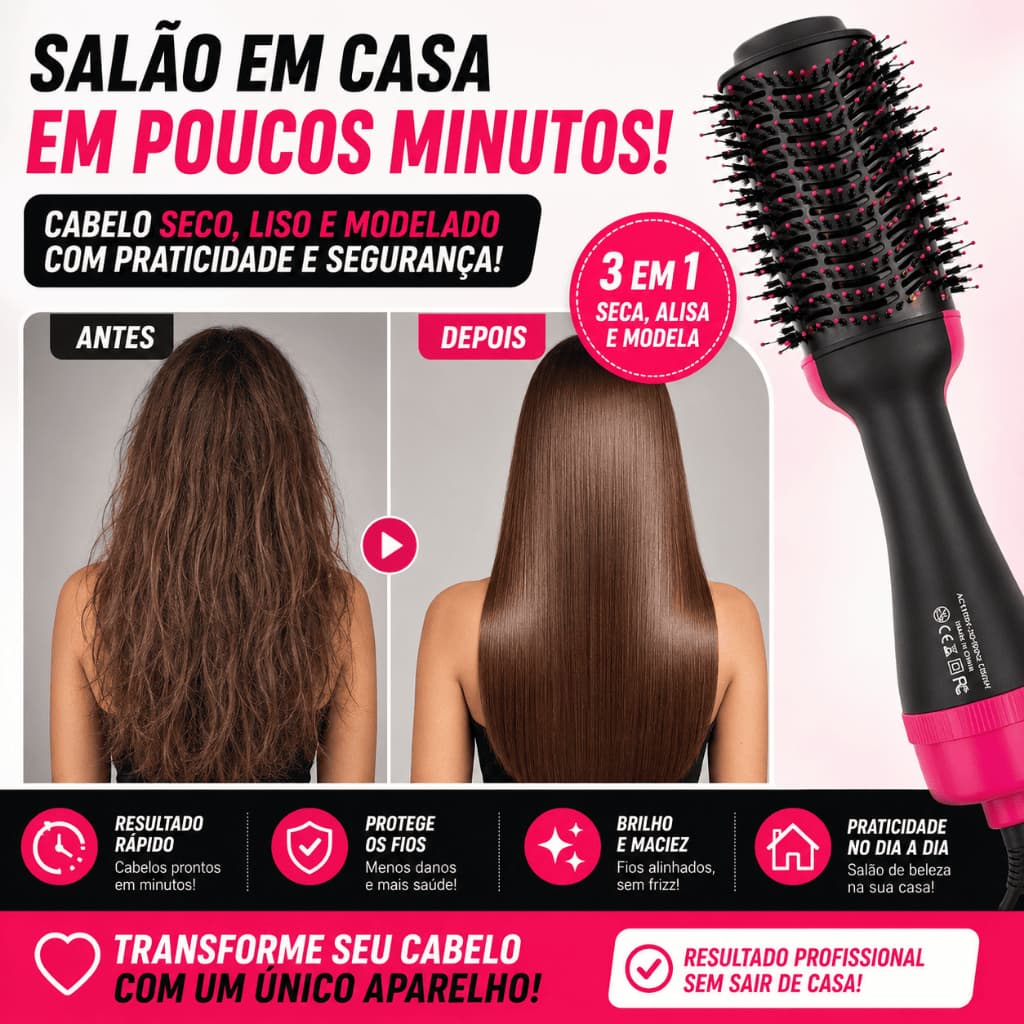 Escova Secadora Alisadora Elétrica 3 em 1 110V – Seca, Alisa e Modela Cabelo Quente Hair Styler