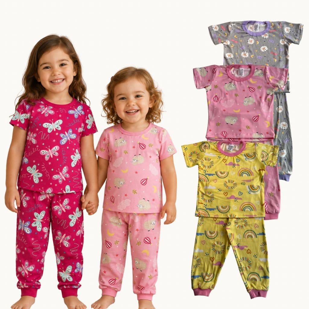 Kit 2 Pijamas Estampado Menina Manga Curta e Calça Suede Confortável Tamanho 1 ao 8 Anos