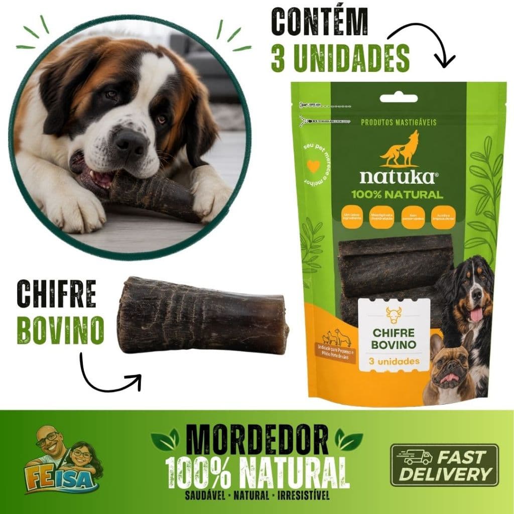 Mordedor 100% Natural Kit com 3 chifres bovinos Natuka cachorro pet