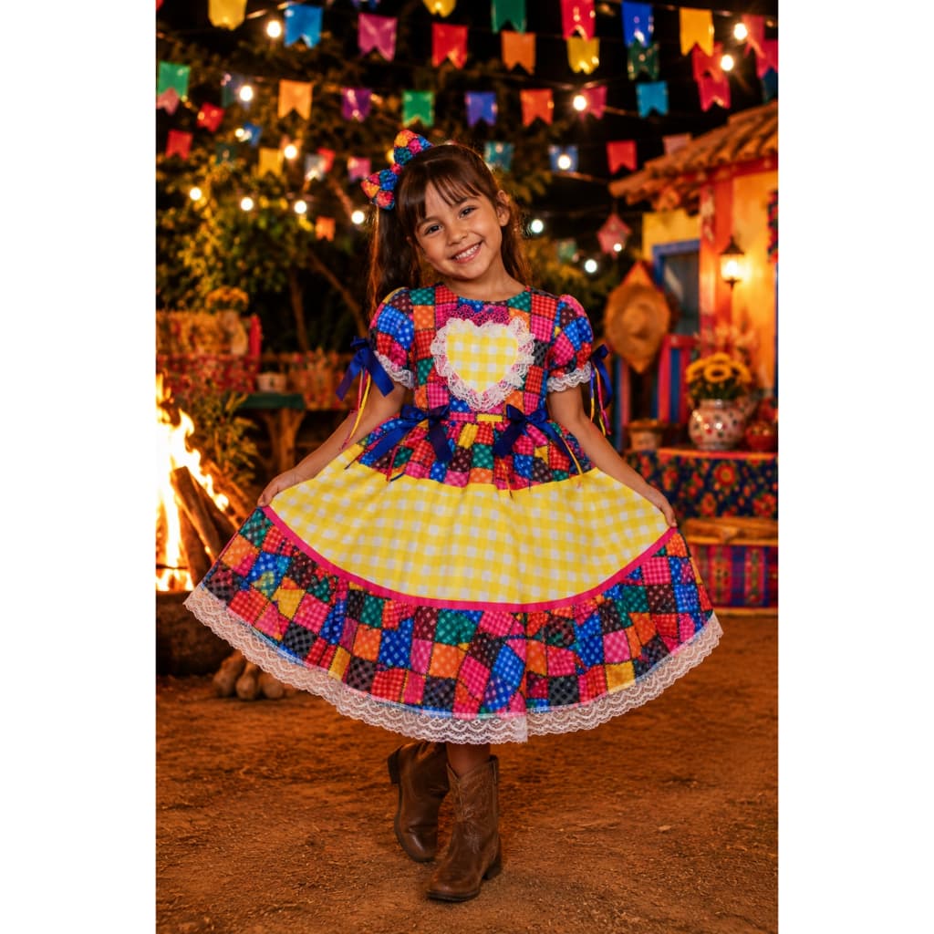 Vestido Junino Infantil Quadrilha São João Xadrez Colorido Menina 4 ao 12