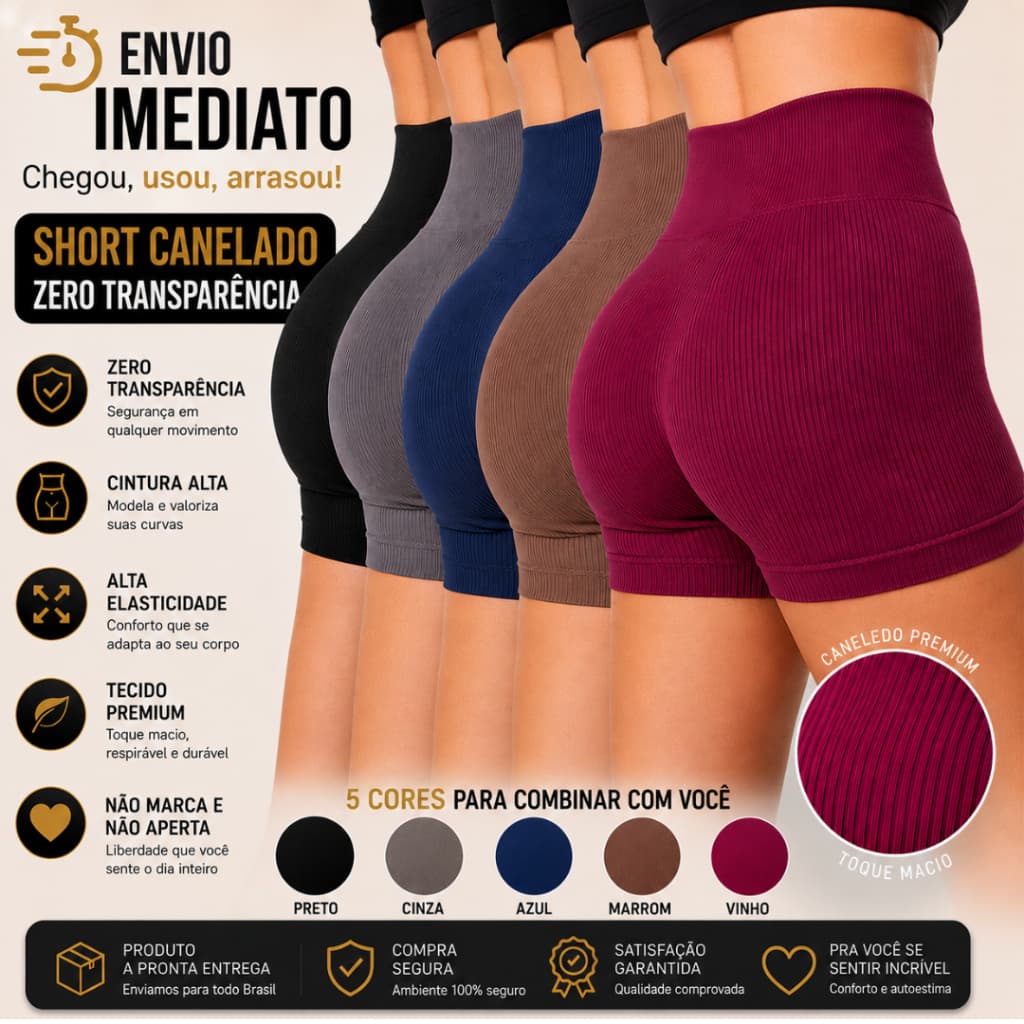 Shorts Feminino Cintura Alta Canelado Sem Transparência 1/3 Bermudinha Academia Roupa Fitness