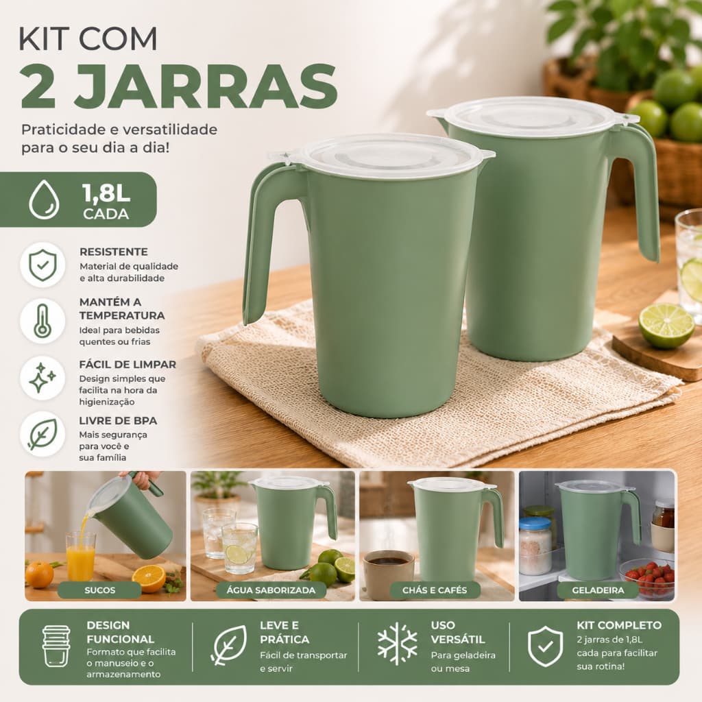 Kit 2 Jarras 1,8L Com Tampa | Ideal Para Sucos Água Chá e Geladeira