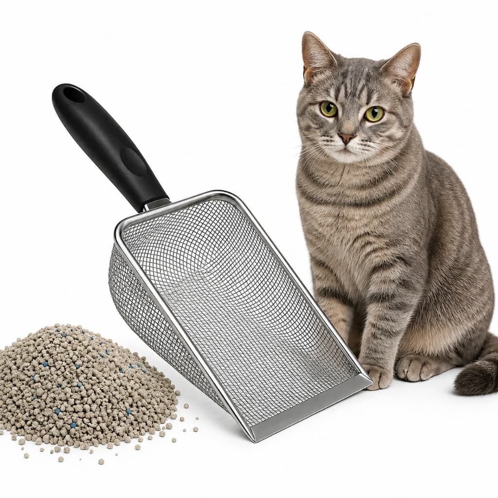 Pá Higiênica Inox para Gatos Areia Sanitária | Peneira Fina Resistente Antiferrugem Premium