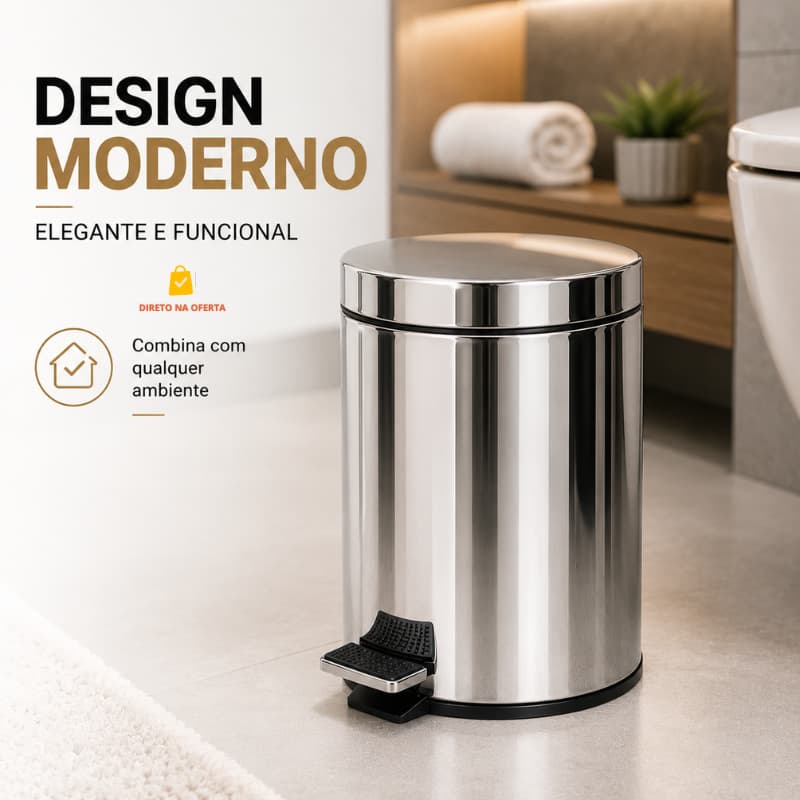 Lixeira Inox Prata Redonda Pedal Cozinha Banheiro Compacta 3L Balde Interno Lixeirinha Prateada