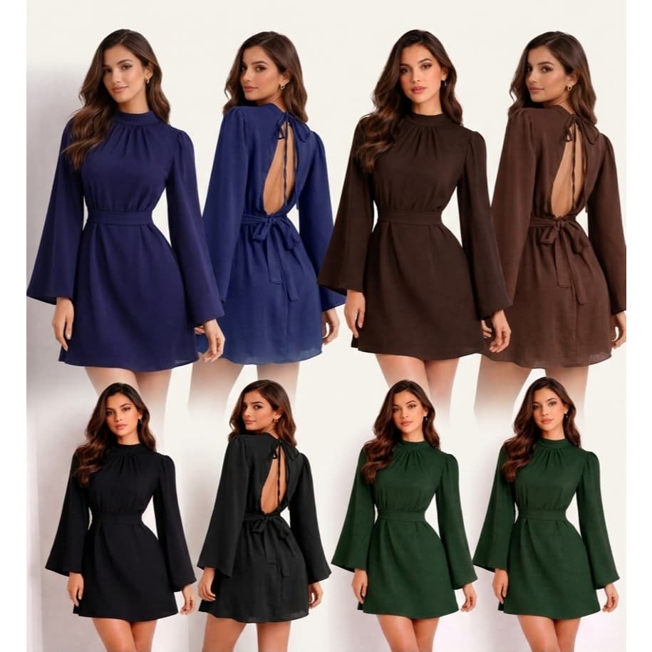 Macaquinho Vestido Manga Longa com Cinto Moda Inverno, Outono