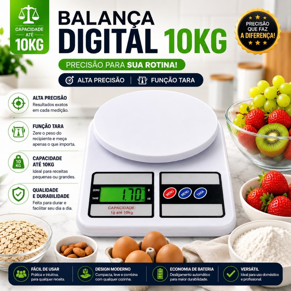 Balança Digital Cozinha 10Kg Precisão LCD Função Tara Culinária Dieta Confeitaria Branca Dieta E Confeitaria  Receitas