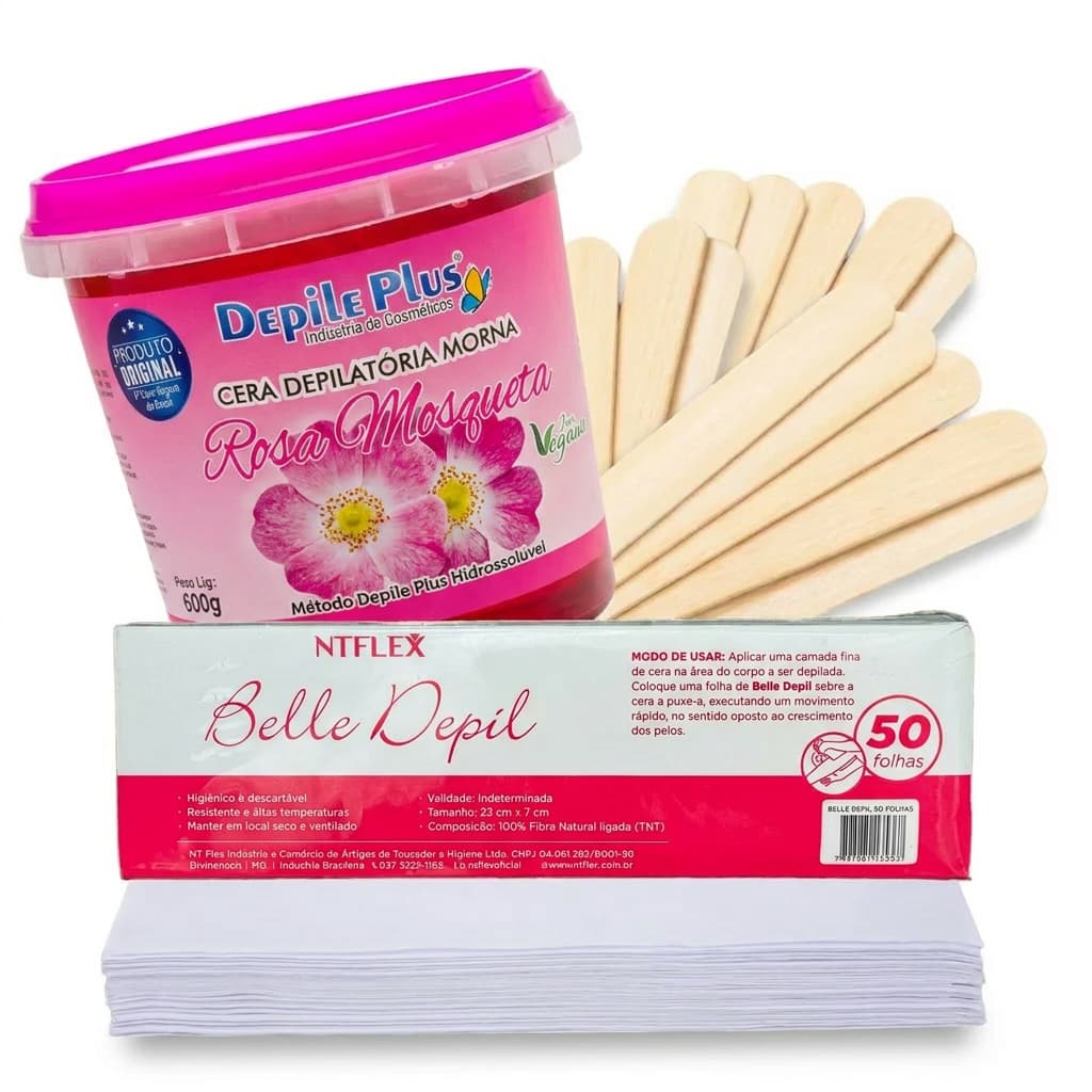Kit Cera Depilatoria Hidrossoluvel 600g + Espátula Larga 15 Unidades + Papel Depilatorio 50 Unidades