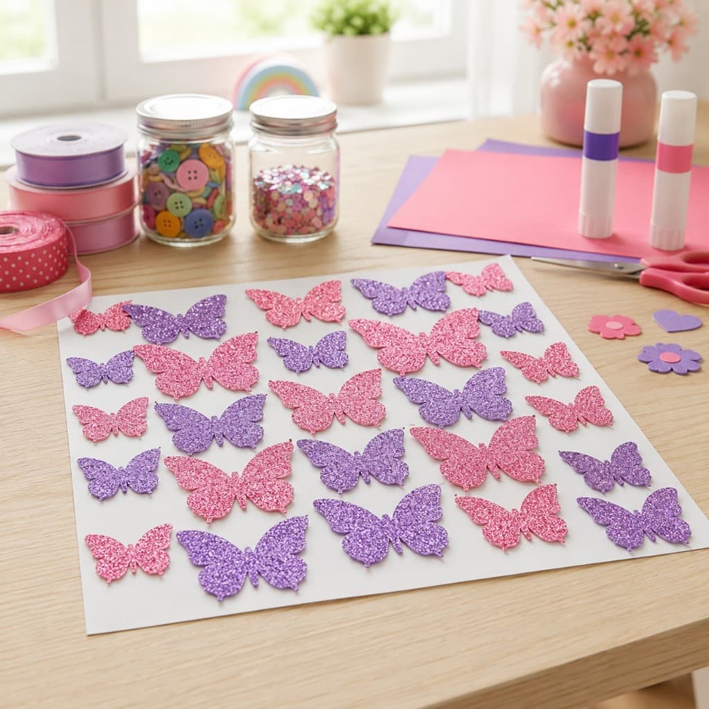 Kit 100 Aplique Borboletas de EVA Glitter Rosa e Lilás Scrapbook Festa Artesanato Decoração