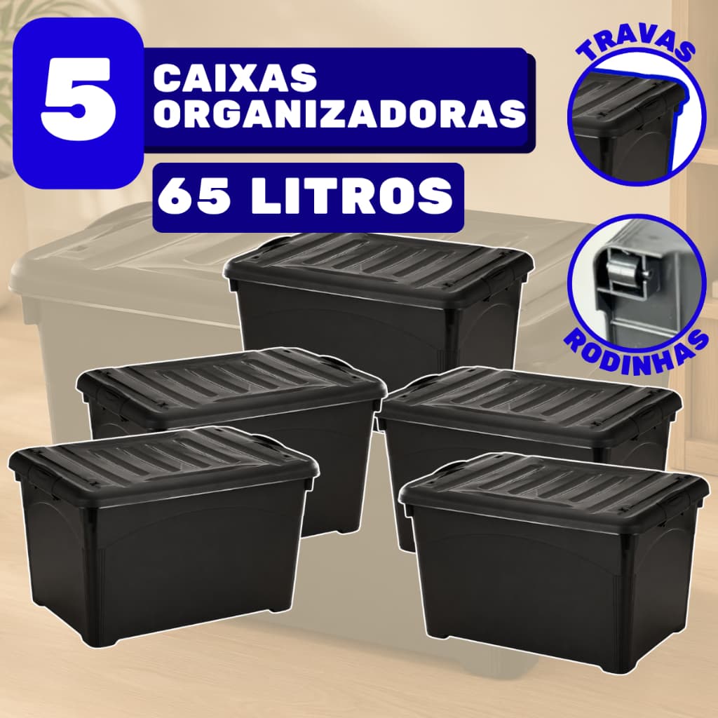 Kit Jogo 5 Caixas Organizadoras Injeplastec 65 Litros Preta Plástica Multiuso Brinquedos Objetos