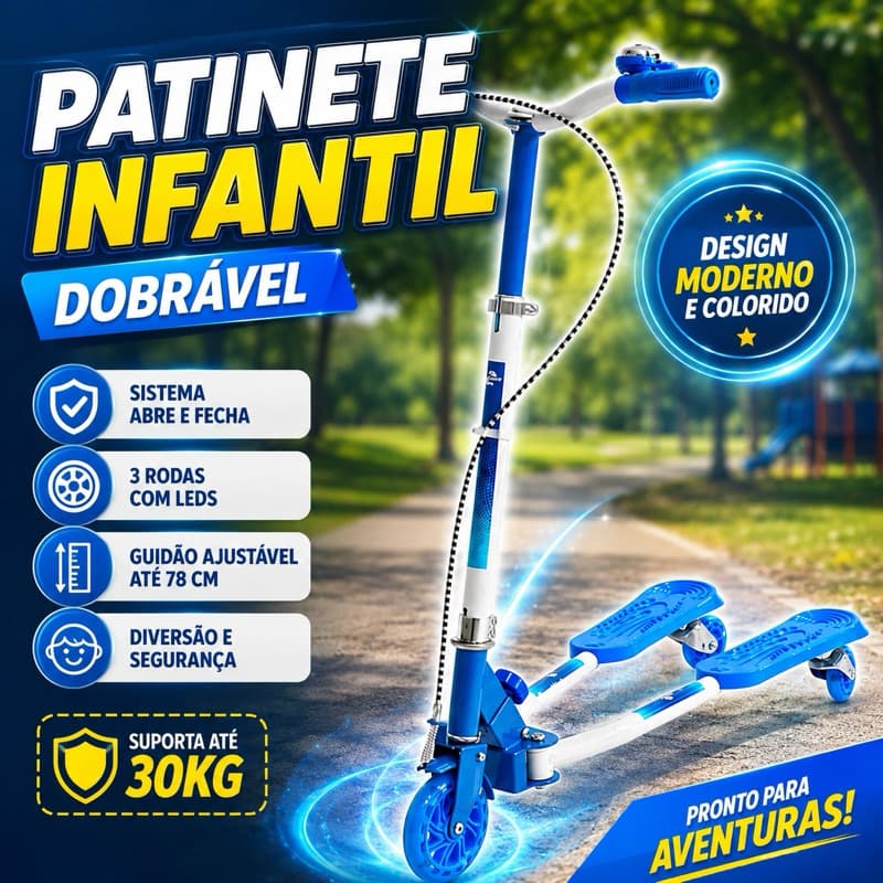 Patinete Infantil Dobrável 3 Rodas LED Azul Guidão Ajustável Seguro Resistente Criança 30kg